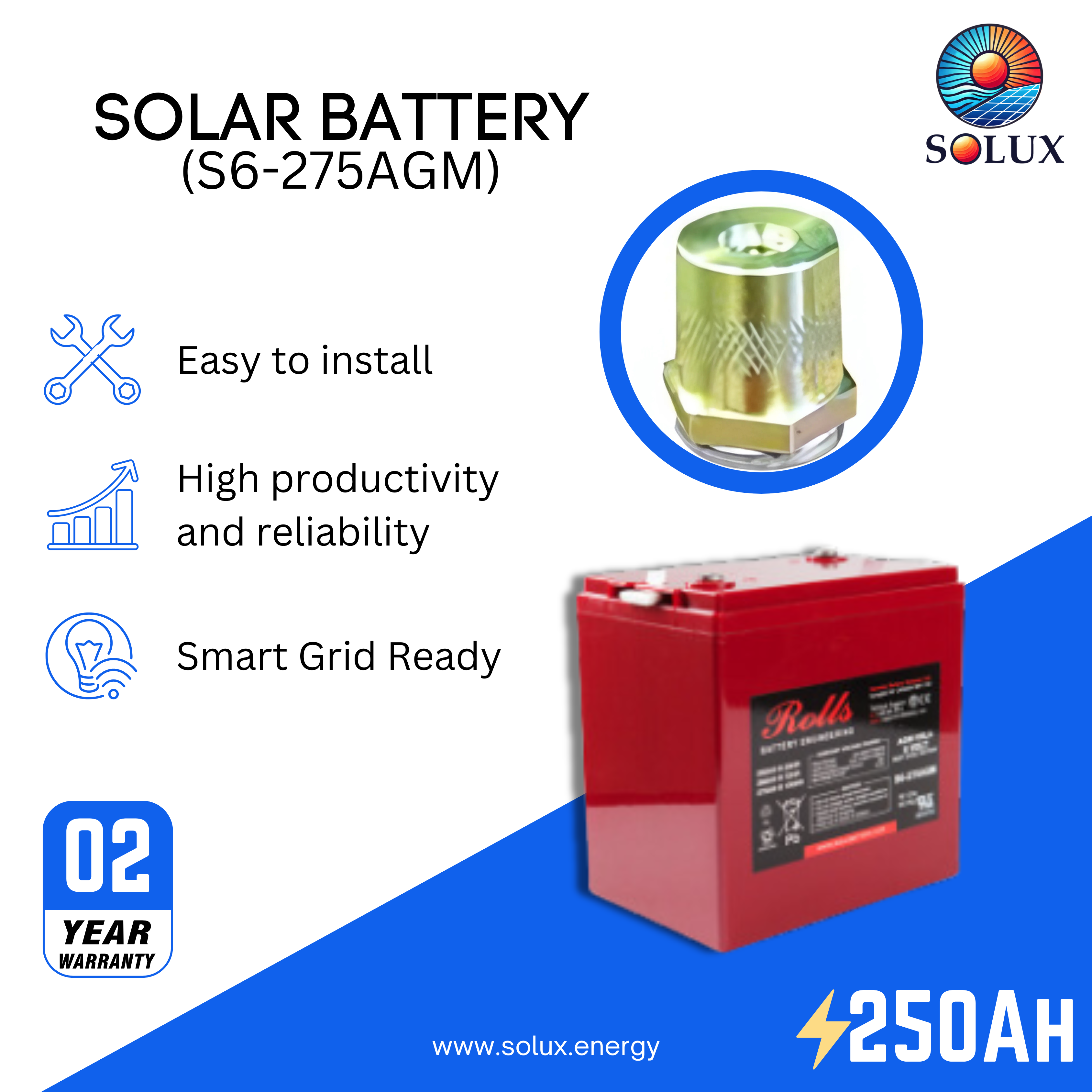 This is an image of Rolls Surrette 6V AGM Battery Deep Cycle 250Ah S6-275AGM